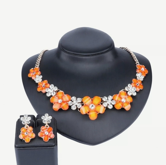 18K gold plated Orange crystal flower necklace earrings set - Picture 7 of 13